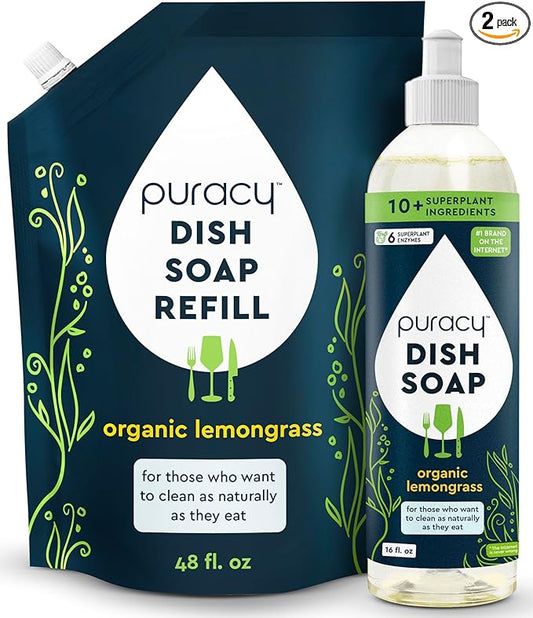 Puracy Natural Dish Soap - Enzyme-Powered Dishwashing Soap, Organic Dishsoap Liquid Clean Non-Toxic (Organic Lemongrass, 16oz and 48oz Refill)