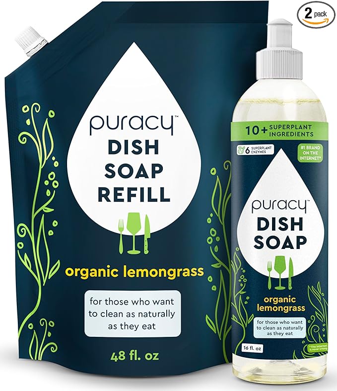 Puracy Natural Dish Soap - Enzyme-Powered Dishwashing Soap, Organic Dishsoap Liquid Clean Non-Toxic (Organic Lemongrass, 16oz and 48oz Refill)