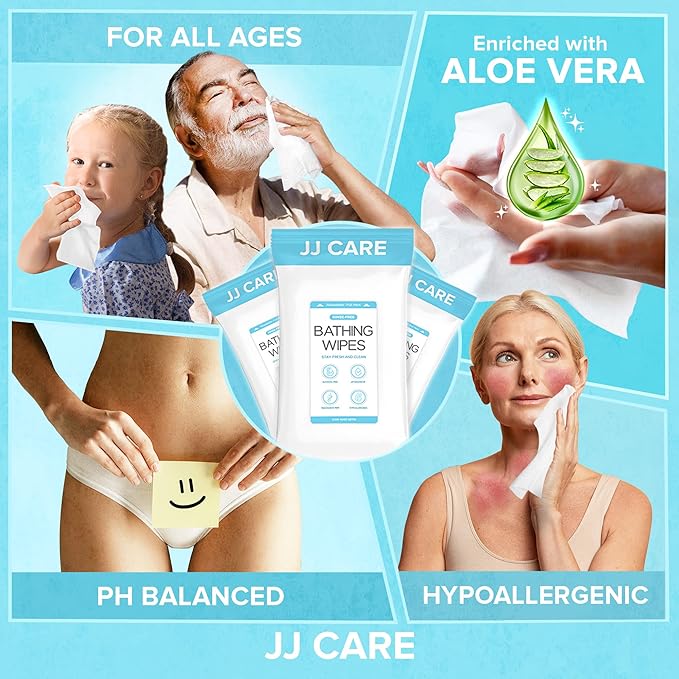 JJ CARE Body Wipes for Adults Bathing - Pack of 25 Shower Wipes For Adults Rinse Free, 200 Count Disposable No Rinse Disposable Washcloths, Waterless Body Wash for Elderly