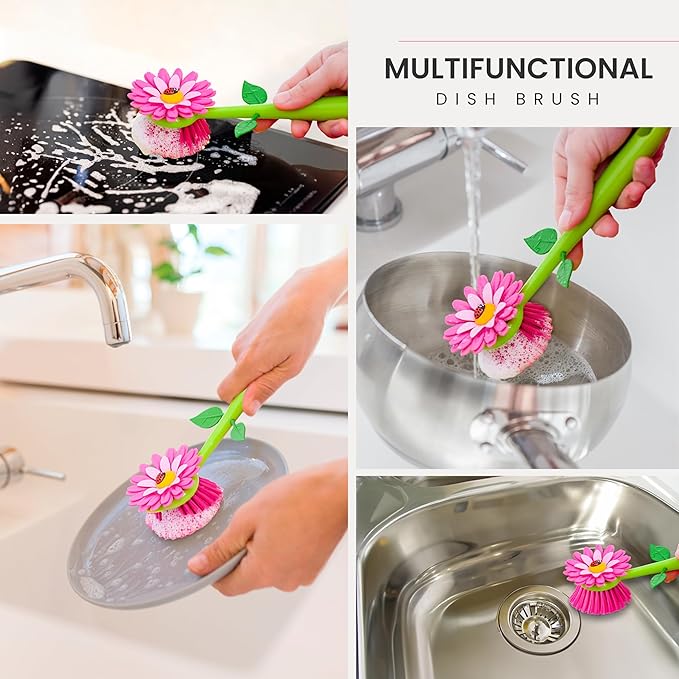 Vigar Flower Power Pink Dish Brush with Vase, 10-Inches, Pink, Green