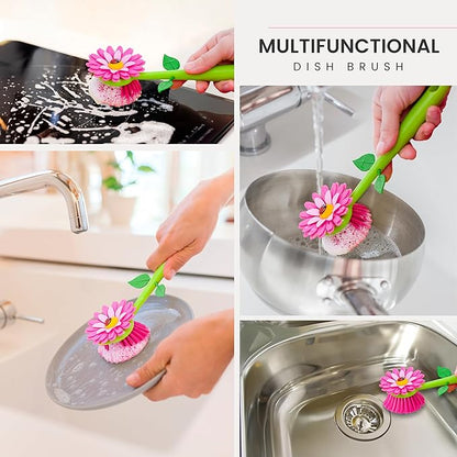 Vigar Flower Power Pink Dish Brush with Vase, 10-Inches, Pink, Green