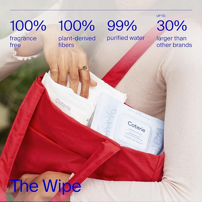 Coterie Baby Wipes for Sensitive Skin, Plant-Based & Plastic-Free Fibers, 99% Water, Hypoallergenic, pH Balanced, Unscented, Clean and Gentle Baby Essentials, 4 Standard Packs and 8 Travel Size Packs