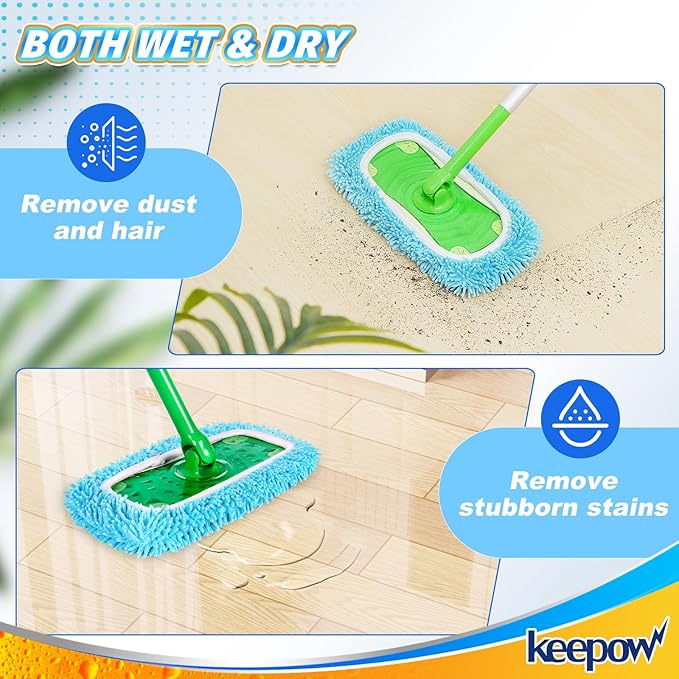 KEEPOW Dry Sweeping Cloths Microfiber Wet Mop Pads Refill Compatible with Swiffer Sweeper Mop Replacement Sweeping Mopping Pad Refills for Hardwood Surface Floor Cleaning, 5 PCS