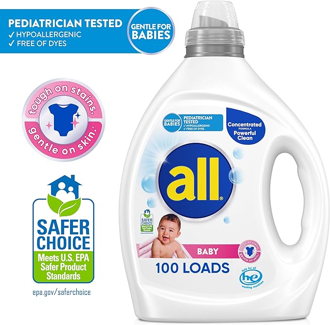 all Baby, Gentle for Baby, Liquid Laundry Detergent, Hypoallergenic for Sensitive Skin, Concentrated, 75oz, 100 Loads