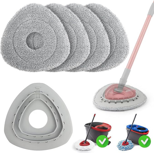 Spin Mop Pad Replacement Compatible with O Cedar Mop Head Replace Flat Triangle Mop, Wet Damp Dry Sweeping Pads Washable, Microfiber, 4 Mopping Pads and 1 Mop Base