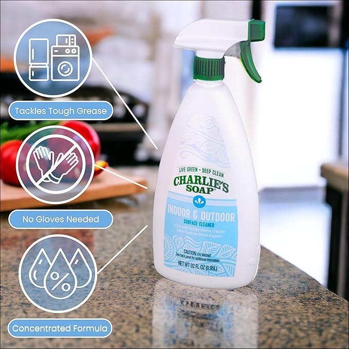 Charlie's Soap Indoor & Outdoor Surface Cleaner Refill (107 Fl. Oz.) Biodegradable Natural Outdoor Cleaning Spray – Safe for Indoor Use (2 Pack - One 32oz Sprayer and One 75oz Refill)