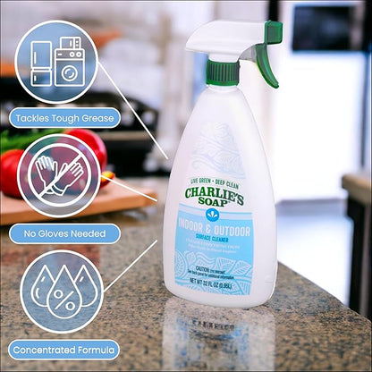 Charlie's Soap Indoor & Outdoor Surface Cleaner Refill (107 Fl. Oz.) Biodegradable Natural Outdoor Cleaning Spray – Safe for Indoor Use (2 Pack - One 32oz Sprayer and One 75oz Refill)