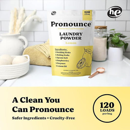 Pronounce Laundry Detergent Powder Alternative | Earth-Derived Ingredients, Eco-Friendly, Safer for Sensitive Skin, Eczema, and Babies. Stain + Smell Fighting. HE Safe (Lemon, 120 Loads).