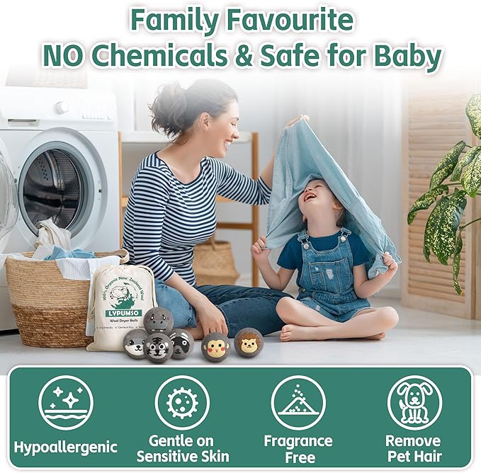 Lypumso Wool Dryer Balls Organic 6 Pack-XL, 100% New Zealand Wool Reusable Fabric Softener for Up to 1000 Loads, Anti Clothing Static and Shorten Drying Time, Baby Safe & Hypoallergenic