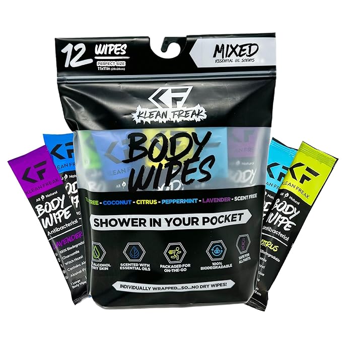 Body 12-Count Wipes - Original Disposable Wipes, Individually Wrapped for the Gym, Workout, Hiking, Travel, and Sport (Mixed)