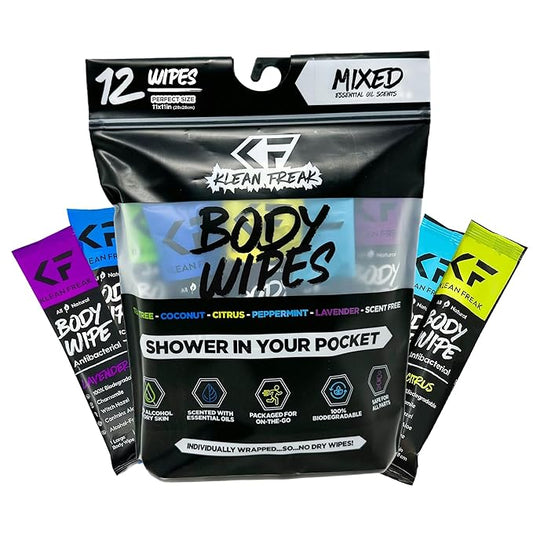 Body 12-Count Wipes - Original Disposable Wipes, Individually Wrapped for the Gym, Workout, Hiking, Travel, and Sport (Mixed)