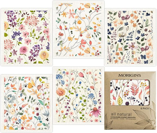 Morigins Floral Swedish Dish Cloths - 6 Pack Reusable Compostable Kitchen Cloth,Cellulose Sponge Dish Cloths Dish Towel Set