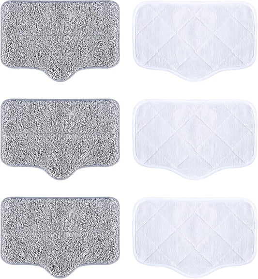 ScrubWiz Steam Mop Pads with Washable and Reusable, 6 Pack Replacement, 2 Material Types Accessories Compatible With Steamer Mop for Cleaning Floors and Carpets, White and Gray