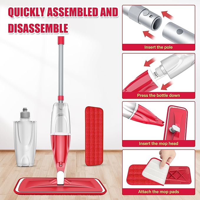 Spray Wet Mops for Hardwood Floor Cleaning, EXEGO Microfiber Dry Dust Spray Mop with 3 Washable Pads fit for Swiffer PowerMop, Wet Jet Mop Flat Floor Mop with Sprayer for Wood Laminate Ceramic Tiles