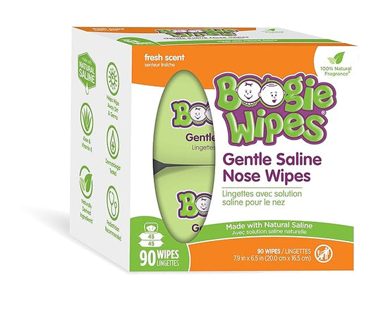 Boogie Wipes, Saline Wipes for Baby & Kids, Nose Booger Wipes for Allergy Relief, Face, Hand & Body, Made with Vitamin E, Aloe and Natural Saline, Fresh Scent, 45 Count (Pack of 2)