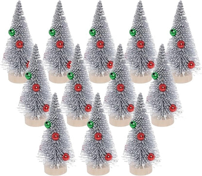 Yookat 12Pcs Mini Christmas Trees Small Sisal Trees Mini Pine Trees with Wood Base Mini Bottle Brush Trees Artificial Mini Christmas Trees Assorted Color for Christmas Winter Decoration (Silver)