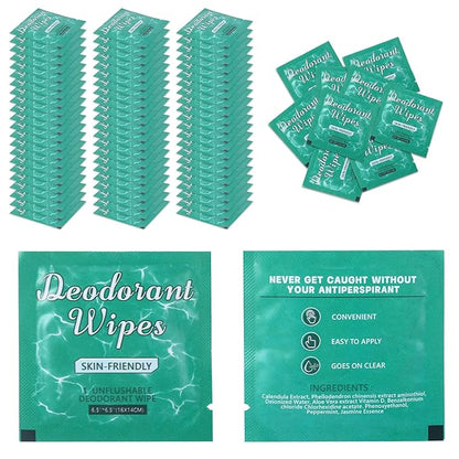 100Pcs Travel Deodorant Wipes, Travel Size Mini Deodorant Wipes Bulk for Homeless, Individually Wrapped Body Cleaning Supplies for Women Wet Armpit for Body Cleaning Jasmine