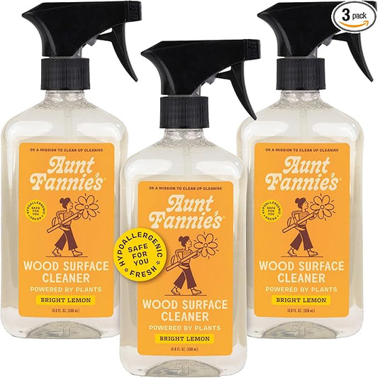 Aunt Fannie's All Purpose Wood Spray Cleaner, No-Wax Formula, Perfect for Wood Tables, Walls, Counters & Shelves, 16.9 Ounces, Lemon Scent (Pack of 3)