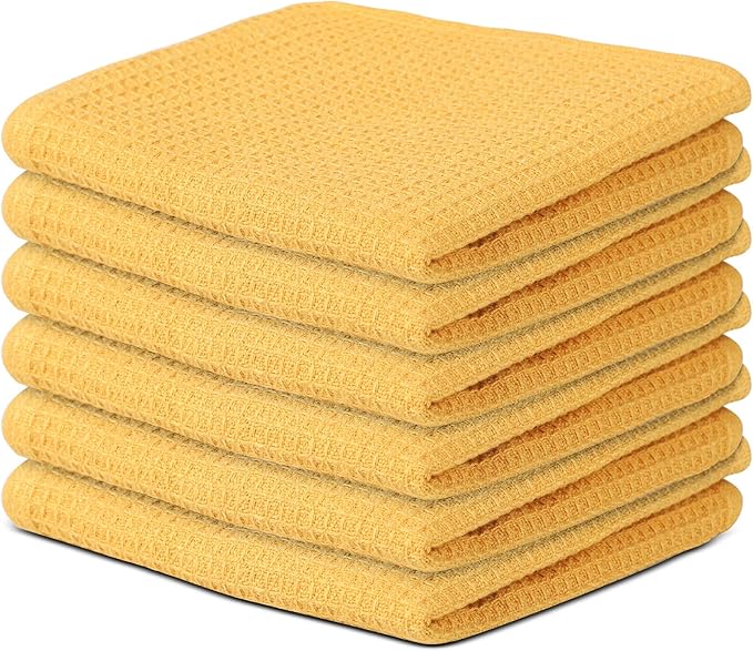 100% Cotton Waffle Dish Cloths (Pack of 6) - Dish Rags for Washing Dishes - Reusable & Highly Absorbent Kitchen Towels - Multipurpose Kitchen Rags - (12" x 12" - Yellow)