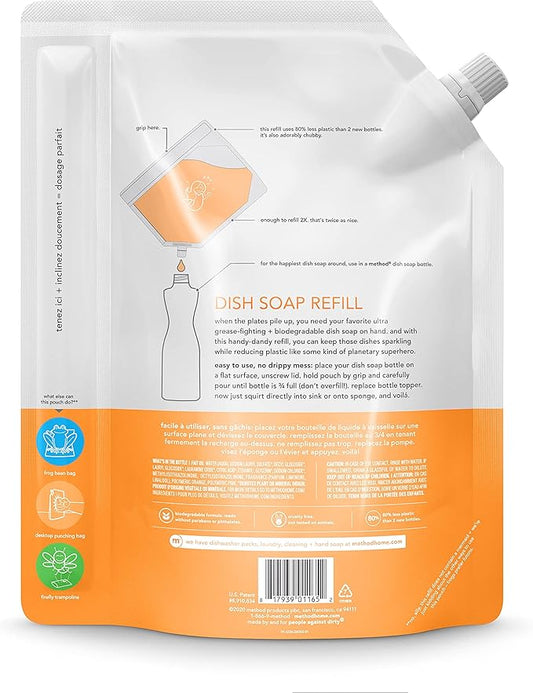 Method Gel Dish Soap Refill, Clementine, Biodegradable Formula, Tough on Grease, 36 Fl Oz (Pack of 6)