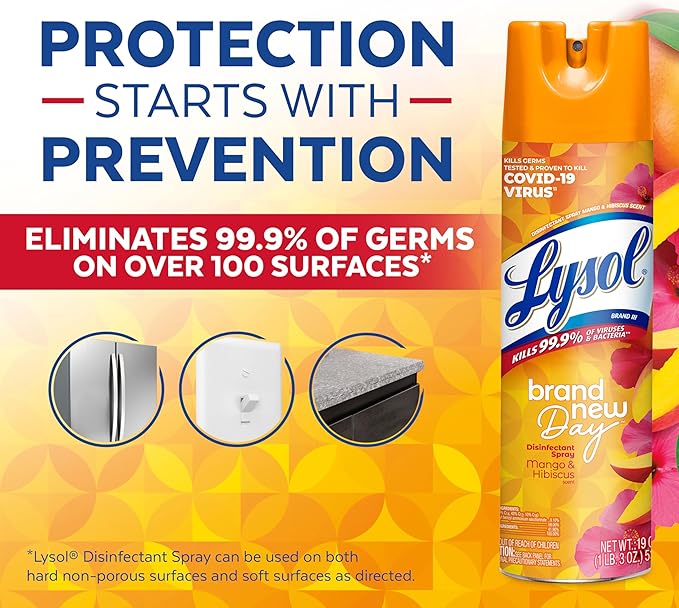 Lysol Disinfectant Spray, Sanitizing and Antibacterial Spray, For Disinfecting and Deodorizing, Mango & Hibiscus, 19 Fl. Oz (Pack of 2)