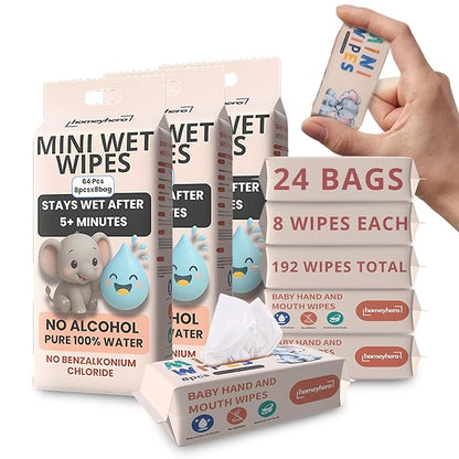 Mini Wet Wipes - Alcohol & Fragrance Free, Safe for Babies & Kids - 24 Bags Total 192 Wipes (Sunset Elephant)