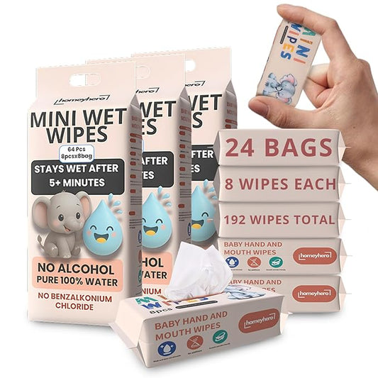 Mini Wet Wipes - Alcohol & Fragrance Free, Safe for Babies & Kids - 24 Bags Total 192 Wipes (Sunset Elephant)