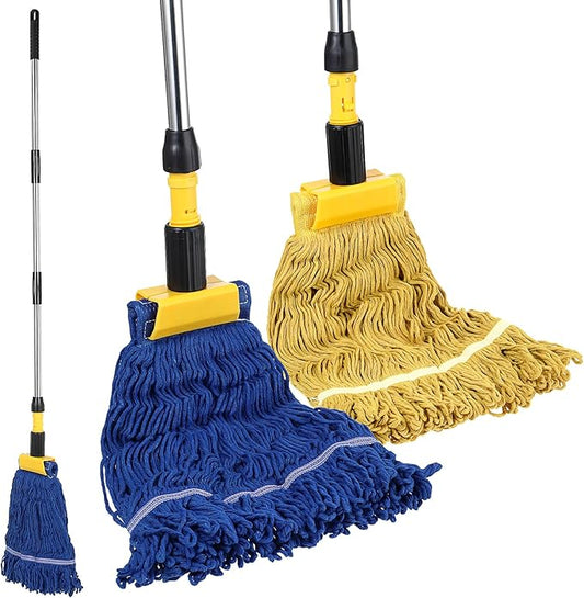 Commercial Mop, Looped-End String Industrial Mop, Heavy Duty Mops with 2 String Mop Heads for Floor Cleaning, Blue and Yellow