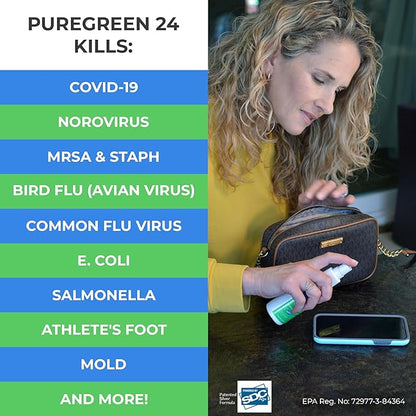 PureGreen24 Safe & Effective Disinfectant. Kills Deadly Germs including RSV COVID-19 Norovirus MRSA Staph 2025 flu Bird flu Contains no toxic chemicals odorless child & pet safe 1 4oz spray bottle