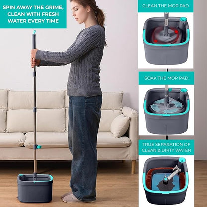 True & Tidy True Clean Spin Mop & Bucket System – Dual Compartment Design for Clean & Dirty Water, 360° Swivel Mop Head, Built-in Scrubbing Brush, Stainless Steel Handle & 2 Reusable Microfiber Pads