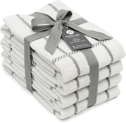 100% Cotton Terry Dish Towels, 4 Pack Checks, 16 x26 Inches, Super Soft and Absorbent Kitchen Towels, Perfect for Kitchen Cleaning and Dish Washing | Light Gray