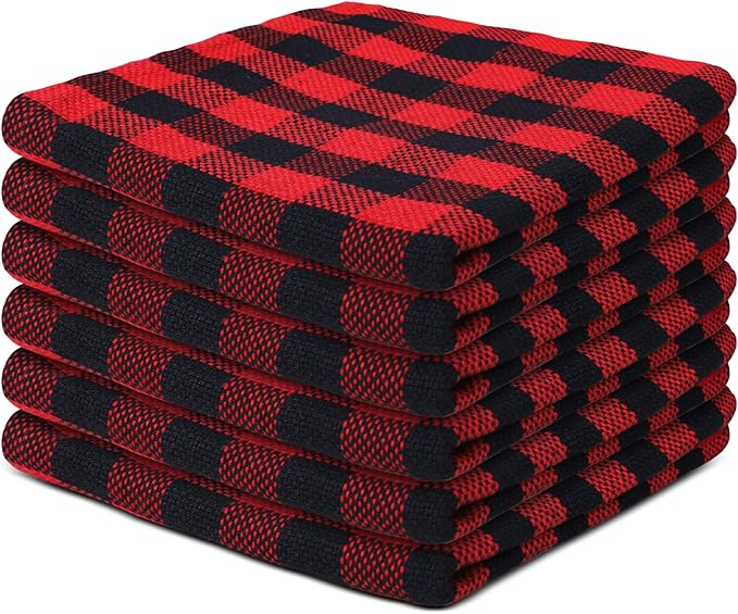 100% Cotton Dish Cloths (Pack of 6) - Dish Rags for Washing Dishes - Reusable & Highly Absorbent Kitchen Towels - Multipurpose Kitchen Rags - (12" x 12" - Black & Red Checkered)