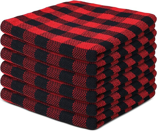 100% Cotton Dish Cloths (Pack of 6) - Dish Rags for Washing Dishes - Reusable & Highly Absorbent Kitchen Towels - Multipurpose Kitchen Rags - (12" x 12" - Black & Red Checkered)