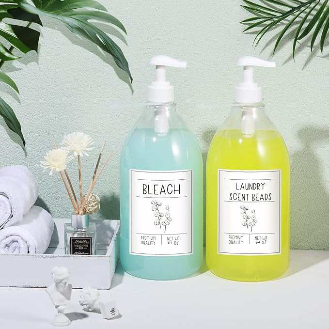 Sawysine 2 Pcs Laundry Soap Dispenser 64 oz Liquid Laundry Detergent Dispenser Plastic Laundry Detergent Container Fabric Softener Dispenser with Pumps Caps and 45 Laundry Labels