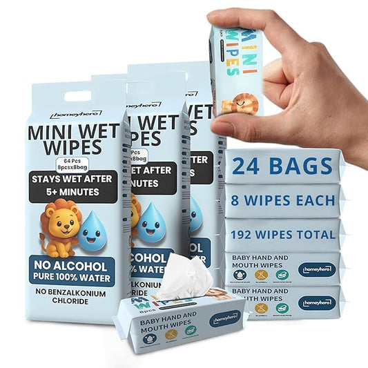 Mini Wet Wipes - Alcohol & Fragrance Free, Safe for Babies & Kids - 24 Bags Total 192 Wipes (Sky Lion)