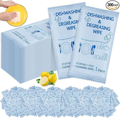 Tondiamo 300 Pcs Individually Wrapped Dish Cleaning Wipes Disposable Portable Travel Dish Soap Wipes with Lemon Scent for Kitchen Outdoor Camping Traveling Quick Clean