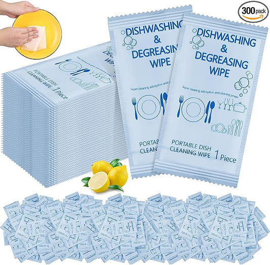 Tondiamo 300 Pcs Individually Wrapped Dish Cleaning Wipes Disposable Portable Travel Dish Soap Wipes with Lemon Scent for Kitchen Outdoor Camping Traveling Quick Clean