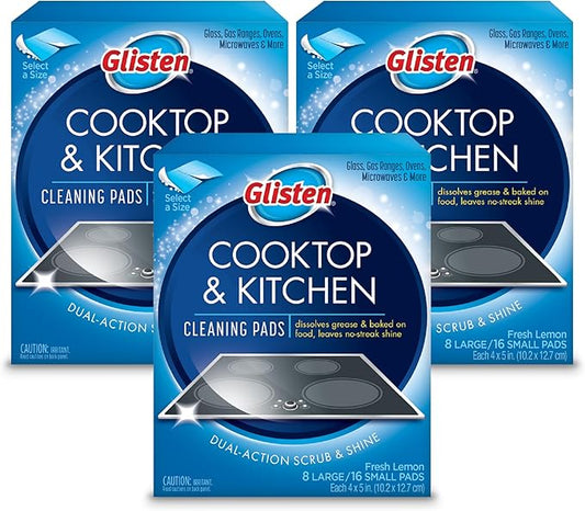 Glisten Cooktop and Kitchen Cleaning Pads for Glass, Gas Ranges, Ovens, Microwaves, and More, Dissolves Grease and Baked on Foods, Lemon Scent, 24 Large Pads or 48 Small Pads