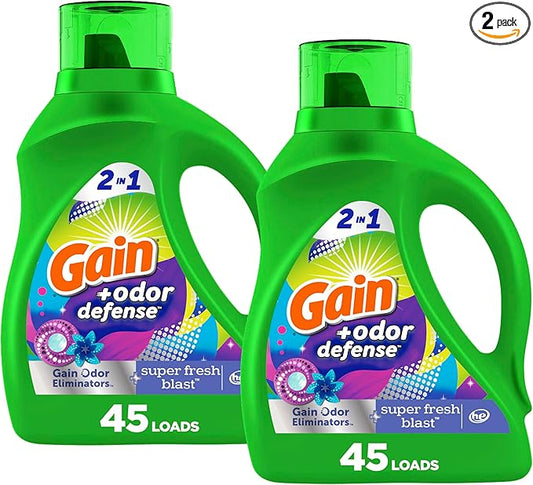 Gain + Odor Defense Liquid Laundry Detergent 2-Pack, Super Fresh Blast Scent, 65 fl oz each, 45 Loads each, HE Compatible