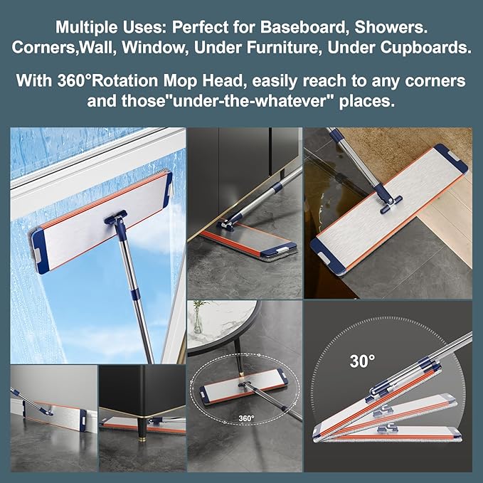 Large Mop and Bucket with Wringer Set for Home, Hands Free Flat Floor Mop and Bucket System with 4 Washable Microfiber Pads, Wet and Dry Use, Mops for Floor Cleaning, Two Bucket Mop System