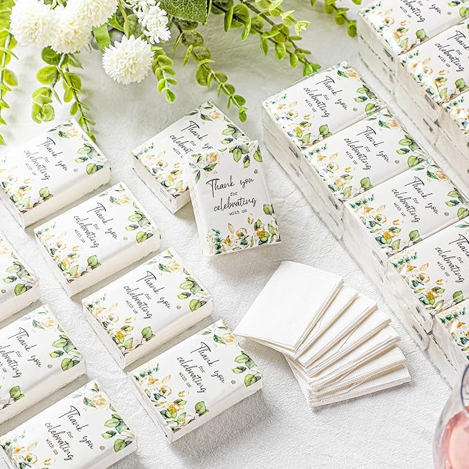 100 Pcs Wedding Facial Tissues Welcome Bags Mini Pocket Tissues Travel Size Wedding Favors for Guests 3 Ply Thank You for Celebrating with Us Celebration Graduation (Eucalyptus)