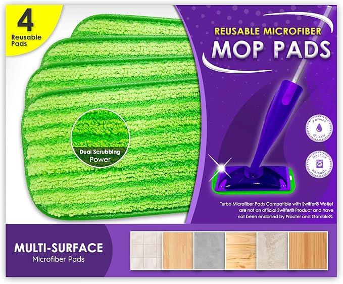 Reusable Floor Mop Pads - Swiffer Wet Jet Compatible Refills 2 Pack - Machine Washable, 12-inch Microfiber Mop Swiffer Wet Pads - Eco-Friendly Household Cleaning Supplies