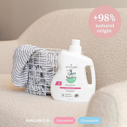 ATTITUDE Baby Fabric Softener, Plant and Mineral-Based Ingredients, HE Compatible, Vegan and Cruelty-free Laundry and Household Products, Unscented, 80 Loads, 67.6 Fl Oz (Pack of 6)