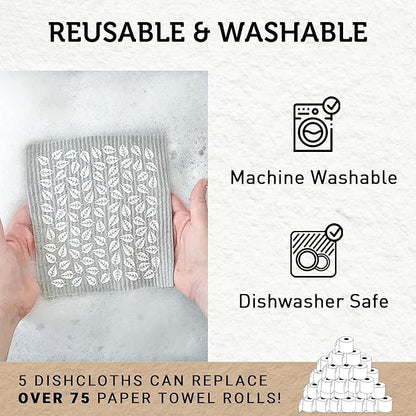Nordhus Design Swedish Dishcloths, 5 Cloths, Made in Sweden - Reusable, Washable Cellulose Cotton Kitchen Cloths - Replace Paper Towels, Wipes, Sponges, Dish Rags