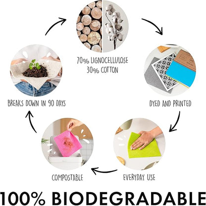 SUPERSCANDI 6 Pack Swedish Dishcloths for Kitchen - 100% Biodegradable & Compostable Reusable Paper Towels Washable, Food-Safe & Without Plastic - Dish Rags for Any Surface, Pink, Yellow, White