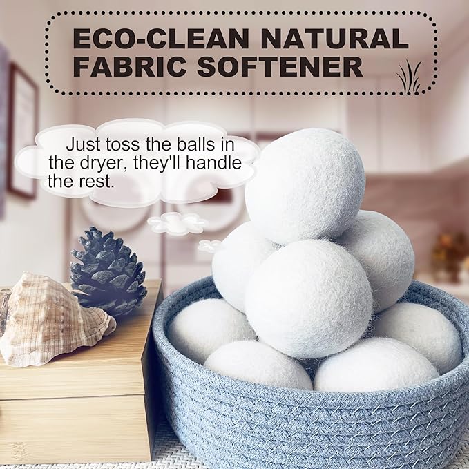 Luxury Natural Wool Dryer Balls, 7-Pack, Save Drying Time and Reduces Clothing Wrinkles, Reusable, Fabric Softener for Laundry, Includes Basket for Easy Access and Aesthetic Laundry Room Decor