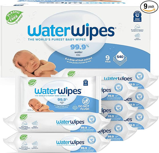WaterWipes Plastic-Free Original-baby Wipes, 99.9% Water Based Wipes, Unscented & Hypoallergenic for Sensitive Skin, 60 Count (Pack of 9) Total 540 wipes, Packaging May Vary