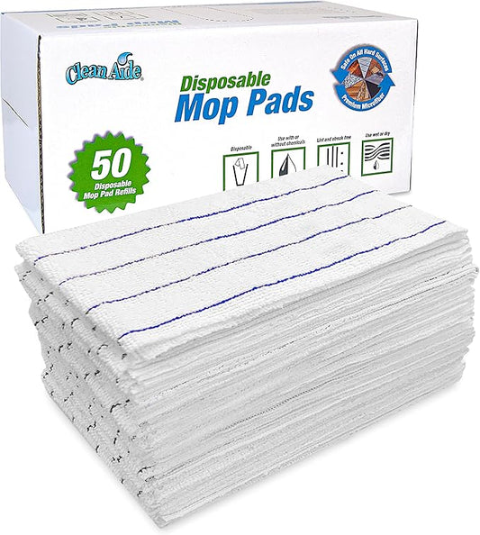Disposable Microfiber Mop Pads in Easy Grab Dispenser Box, White with Blue Stripe, Non-Scratch, Streak-Free Cleaning for Hardwood, Vinyl, Marble, Ceramic Floors, Fits 18-Inch Mop Plates,