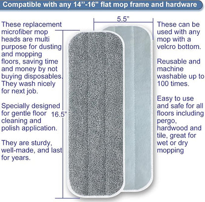 Microfiber Replacement Mop Pads 16.5''x5.5'' Compatible with Most Reveal Mop, 5 Packs Reusable Wet/Dry Floor Cleaning and Scrubbing Mops Refill Fit 14” to 16” Spray Mop Heads