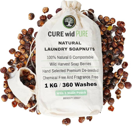 Cure wid Pure Organic Soap Nuts Deseeded 1kg/2.2Lb With 3 Wash Bags 360 Loads,Eco-friendly Soap Nuts Laundry Detergent,Chemical & Fragrance-free Organic Soap Berries Non-toxic Laundry Detergen